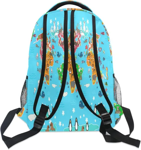Vista 4 de AUUXVA Mochila escolar de 16 pulgadas con símbolo de animales con diseño de mapa del mundo para niños y niñas, mochila escolar de 16 pulgadas