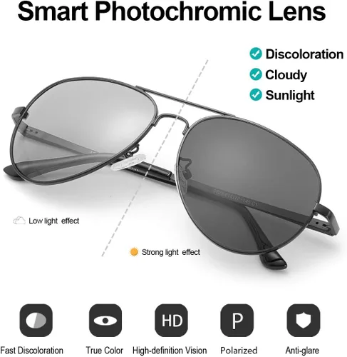 Vista 2 de SODQW Gafas de sol fotocrómicas polarizadas para hombre, gafas de sol deportivas de aviador, protección UV 400 con marco de metal grande