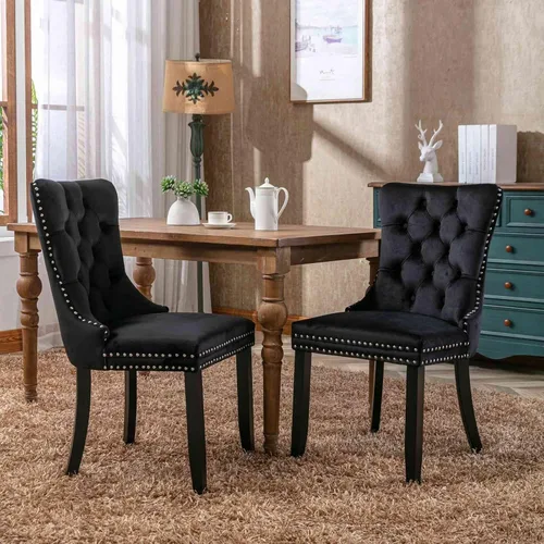 Vista 12 de Juego de 2 sillas de comedor con respaldo de ala de terciopelo copetudo, sillas laterales tapizadas, patas de madera maciza (beige)