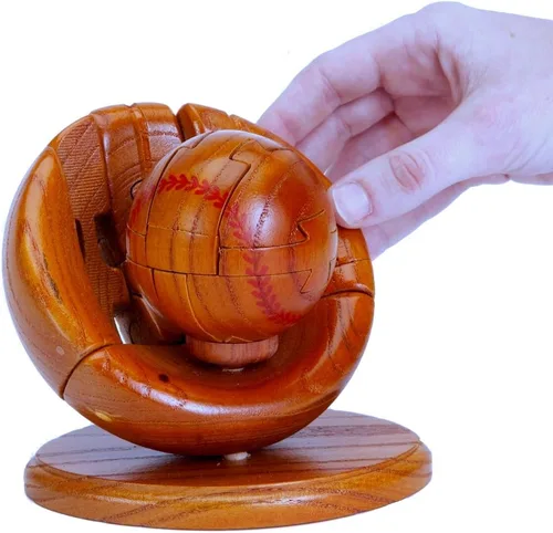 Vista 3 de CHH 6140 Rompecabezas 3D de madera de béisbol y guante de 4.5 pulgadas, acabado de madera oscura