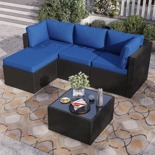 Vista 10 de Aoxun Juego de muebles de patio de 5 piezas, sofás seccionales para exteriores con cojín lavable, juegos de conversación de mimbre para patio Beige