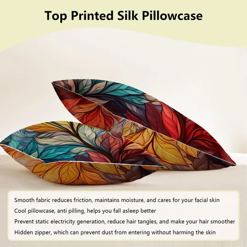 Vista 4 de Funda de almohada de satén para cabello y piel, funda de almohada de seda de hojas coloridas abstractas de tamaño estándar, fundas de almohada