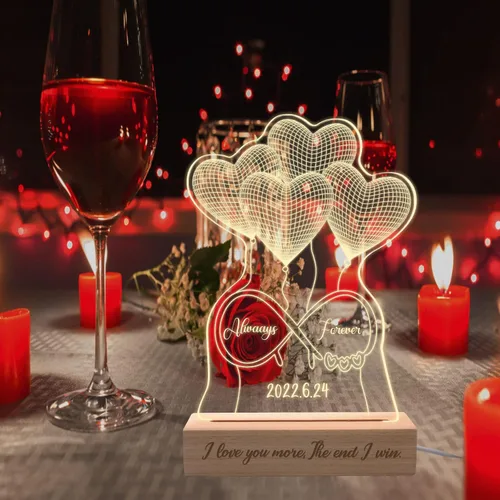 Vista 7 de Luz nocturna personalizada con ilusión 3D con base de madera, lámpara de corazón personalizada con texto de imagen, luz nocturna LED acrílica