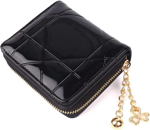 Vista 3 de Monedero corto de 3 pliegues para mujer, con tarjetero de charol (color negro)