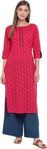 Vista 3 de Janasya Kurta de algodón rosa indio para mujer