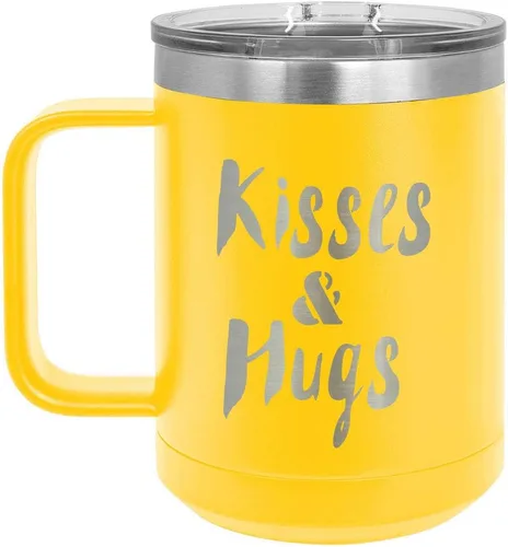 Vista 5 de KISSES AND HUGS Coral 15 oz Taza de café w/tapa deslizante Taza de café de viaje aislada Ideas de regalos de cumpleaños o Navidad de mujeres u