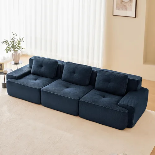 Vista 92 de Sofá moderno comprimido sin armazón de 116", sofás seccionales de 3 plazas para sala de estar, sofá seccional modular de pana verde nube, espuma