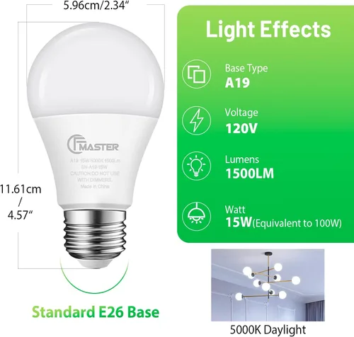 Vista 2 de Bombilla LED A19, bombillas LED equivalentes a 100 W, bombillas de luz diurna de 5000 K, 1500 lúmenes, bombilla de base estándar E26, bombillas