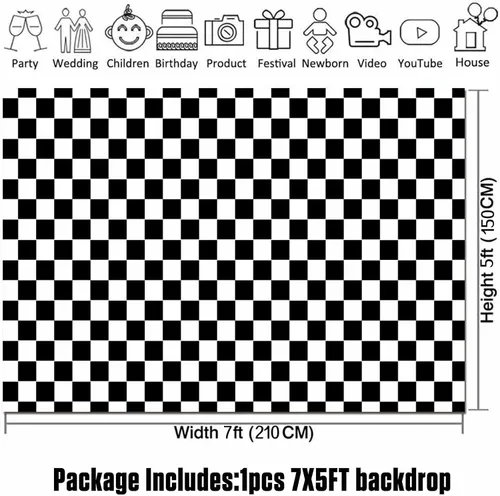 Vista 5 de HQM Cuadrícula de textura de cuadros de carreras en blanco y negro para tablero de ajedrez de cumpleaños, fondo de fotografía para niños