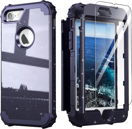 Vista 26 de IDweel Funda para iPhone 8 con Protector de Pantalla de Vidrio Templado, para iPhone 7, 3 en 1, Resistente a Golpes, Delgada, Híbrida, de Servicio
