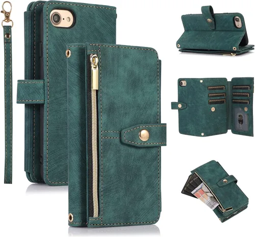 Vista 16 de UEEBAI Funda tipo cartera para iPhone SE 2022 5G/iPhone 7/iPhone 8/iPhone SE 2020, retro con 9 ranuras para tarjetas, bolsillo con cremallera, funda