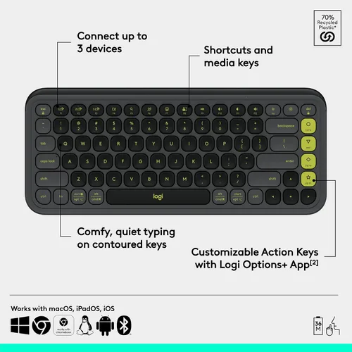 Vista 6 de Logitech POP ICON Keys Teclado Bluetooth inalámbrico, escritura cómoda, teclas programables, fácil de cambiar entre hasta 3 dispositivos