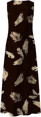 Vista 4 de AMXYFBK Vestidos para mujer, de verano, cuello redondo, sin mangas, estampado floral, acampanado, bohemio, con bolsillo