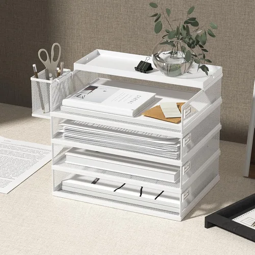 Vista 2 de FANXIYQ Bandejas de Metal Apilables para Cartas, Organizador de Escritorio de 4 Niveles y Bandejas de Papel para Oficina, Bandejas Apilables