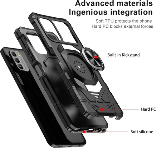 Vista 3 de Funda para Nokia G310 5G con protector de pantalla de vidrio templado, grado militar, resistente a prueba de golpes, con soporte de anillo para Negro