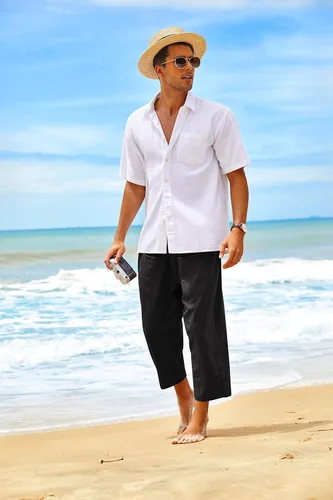 Vista 3 de COOFANDY Pantalones harén de lino para hombre, pantalones capri casuales con cintura elástica, pantalones capri holgados para playa y yoga