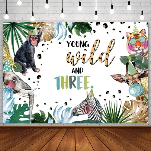 Vista 10 de AIBIIN Telón de fondo de vinilo para cumpleaños, 7 x 5 pies, azul, jóvenes salvajes y tres animales de la selva safari, para decoraciones de fiestas