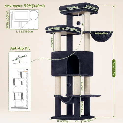 Vista 6 de Globlazer Torre de árbol alto para gatos adultos grandes, torre rascador grande de varios niveles de 65 pulgadas con hamaca, 6 postes rascadores
