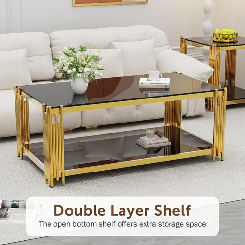 Vista 3 de Mesa de centro de cristal negro de 43 pulgadas, mesa moderna para sala de estar, acero inoxidable dorado, patas de metal, rectangular, de vidrio