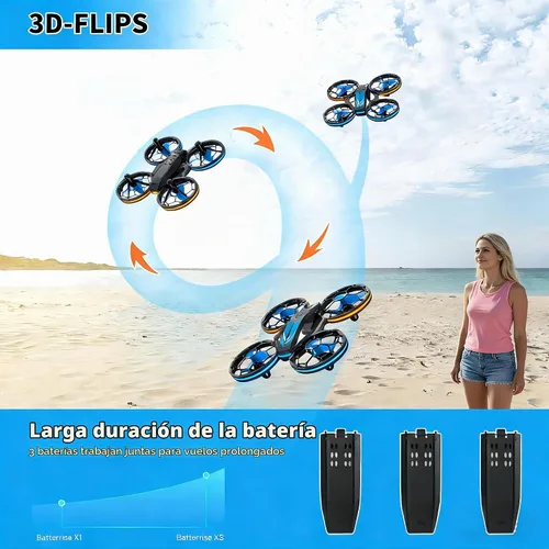 Vista 5 de Drones - Drone RC con auto flotante y modo sin cabeza, cuadricóptero con luz LED, hélice de protección completa, giros 3D, 3 baterías, control