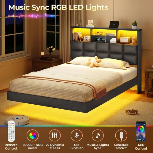 Vista 5 de VIAGDO Base de cama flotante tamaño Twin con cabecera y almacenamiento, base de cama tapizada de plataforma Twin con estación de carga USB y Tipo C
