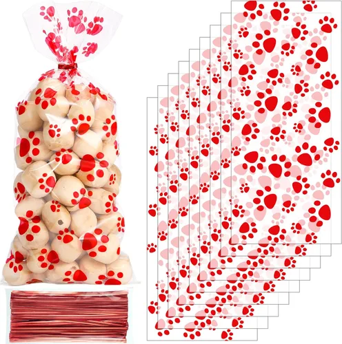 Vista 10 de Blulu 100 bolsas de golosinas para perros, recuerdos de fiesta para cachorros, bolsas de celofán con cono de pata de mascota, dulces sellables por