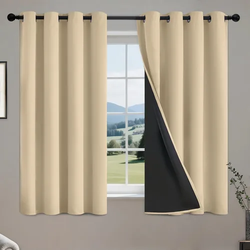 Vista 44 de COSVIYA Cortinas opacas 100% beige Biscotti para dormitorio, juego de 2 paneles de 63 pulgadas de largo, bloqueo de luz completa, aislamiento