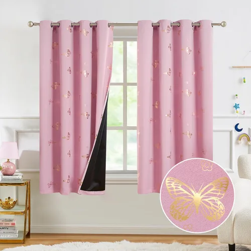 Vista 30 de Jubilantex - Cortinas opacas con diseño de mariposa dorada, 80 % rosa bebé Cortinas opacas 80% rosa lavanda/rosa bebé, estampado de mariposa
