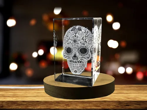 Vista 4 de Calavera mexicana grabada en 3D decoración de cristal (XL (4 x 6 x 3 pulgadas)