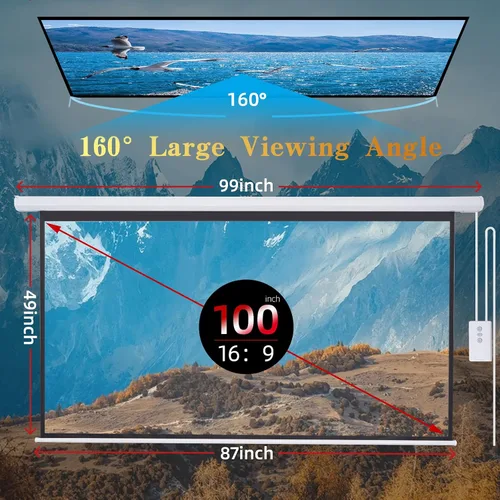 Vista 6 de Pantalla de proyector motorizada retráctil de 100 pulgadas 16:9 HD, pantalla de proyección automática con control remoto, pantalla de proyección