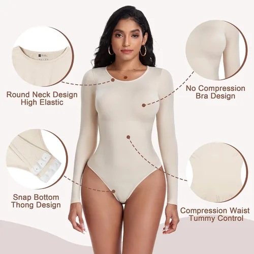 Vista 3 de EUYZOU Body de compresión sin costuras para mujer, con control de abdomen, manga larga, moldeador de cuerpo
