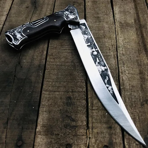 Vista 6 de MADSABRE Cuchillo de cabaña semi plegable grande de 12.7 pulgadas con hoja de 7.9 pulgadas de largo, mango de madera con patrón de relieve 3D