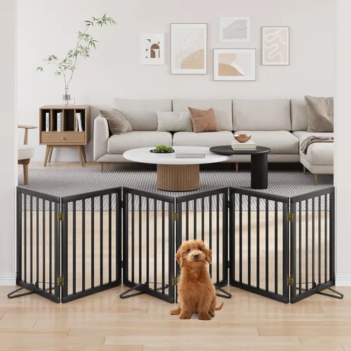 Vista 17 de Puerta plegable negra para mascotas de 18-55 pulgadas para escaleras y puertas, valla de puerta para cachorros