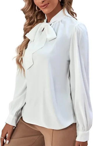 Vista 4 de Rooscier Blusa elegante de gasa de manga larga con lazo para mujer