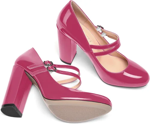 Vista 7 de SHOWFOREST Zapatos de tacón alto con correa ajustable y puntera redonda para mujer, de 4 pulgadas
