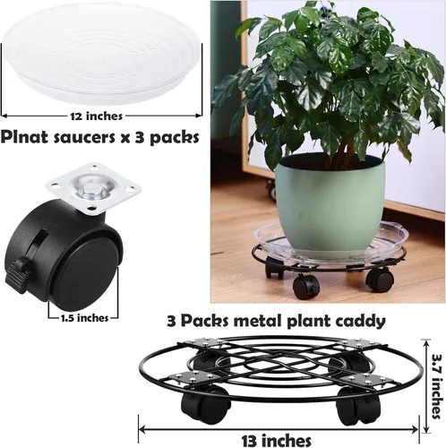 Vista 3 de Paquete de 3 cajas grandes de metal para plantas de 13 pulgadas con ruedas, soporte rodante de hierro forjado resistente con ruedas para macetas