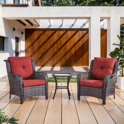 Vista 34 de Belord Mesa auxiliar pequeña para exteriores, mesa de mimbre de vidrio templado, mesa de centro impermeable para patio, mesa auxiliar de ratán