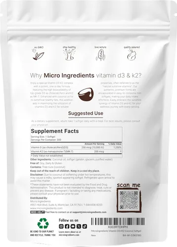 Vista 3 de Micro Ingredients Vitamina D3 10,000iu + K2 200mcg de aceite de coco cápsulas blandas y proteína de colágeno múltiple en polvo, paquete de 2