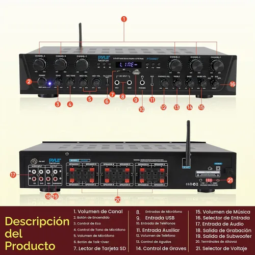 Vista 2 de Pyle Sistema amplificador de audio inalámbrico para el hogar, receptor estéreo de 6 canales compatible con Bluetooth, 600 W de potencia máxima