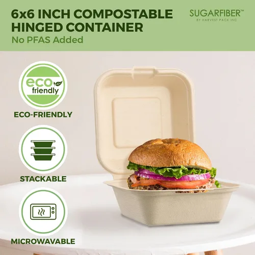 Vista 4 de [500 unidades] Fibra de azúcar por Harvest Pack PFAS FREE 6 x 6 pulgadas compostable Clamshell Recipientes de alimentos, contenedor con bisagras