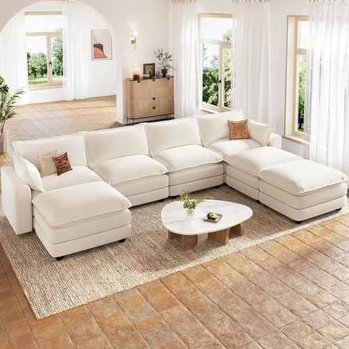 Vista 11 de Sofá de nube en forma de L de 118 pulgadas, sofá modular de gran tamaño con otomana móvil, cómodo sofá de felpilla de 4 plazas con asiento profundo