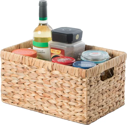 Vista 9 de Cesta rectangular de mimbre de jacinto de agua tejido natural con asas, organizador de almacenamiento pequeño, bandeja de cesta poco profunda de 12