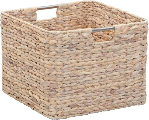 Vista 9 de Household Essentials Cesta tejida cuadrada, cubo de cuerda de papel con asas de acero inoxidable, gris