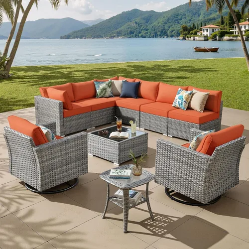 Vista 45 de ovios Juego de muebles de patio al aire libre de 5 piezas con mesa de café, conjunto seccional de muebles de patio con sofá de mimbre para todo tipo