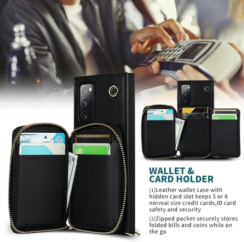 Vista 4 de Asuwish Funda de teléfono para Samsung Galaxy S20 FE 5G de 6.5 pulgadas con protector de pantalla y soporte para tarjetas con cremallera, soporte
