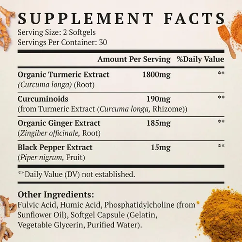 Vista 2 de Suplemento de Cúrcuma Curcumina Liposomal 2000mg, Extracto de Curcuminoides Estandarizado al 95% y Polvo de Raíz Orgánica con Piperina de Pimienta