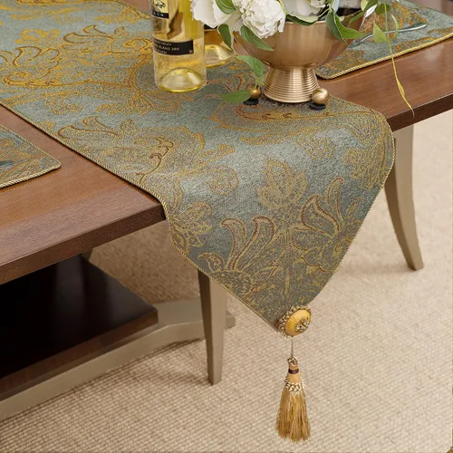 Vista 15 de Loom and Mill - Camino de mesa de damasco elegante y lujoso, 72 pulgadas de largo, color beige Jacquard Table Runners with Handmade Multi-Tassels