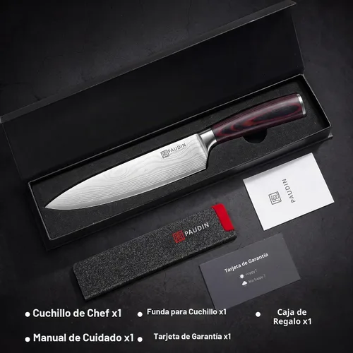 Vista 9 de PAUDIN Cuchillo de chef, cuchillo de cocina afilado de acero inoxidable de alto carbono de 8 pulgadas con mango ergonómico, caja de regalo