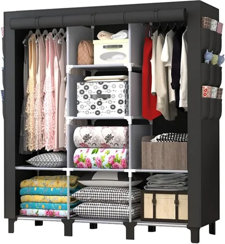 Vista 8 de Armario portátil con 10 estantes de almacenamiento y 2 postes para colgar, 18 bolsillos laterales no tejidos, tamaño 51.2 x 17.7 x 67.7 in, Beige