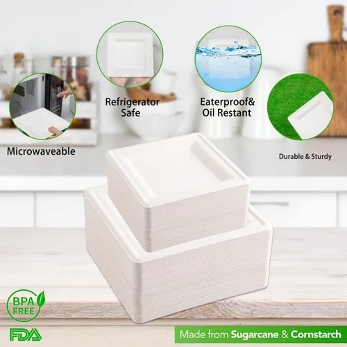 Vista 3 de SUT Platos de papel compostables de 6 pulgadas, 100 platos cuadrados biodegradables de bagazo, platos resistentes para microondas, platos